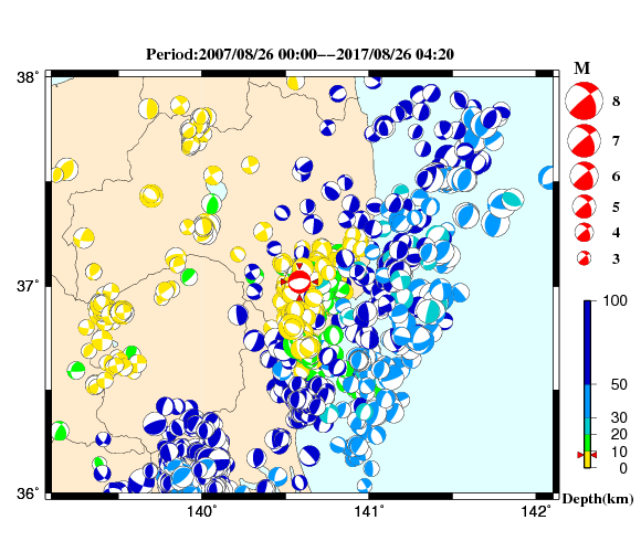 過去に起きた地震の初動発震機構解