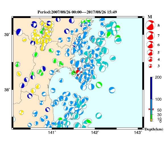 過去に起きた地震の初動発震機構解
