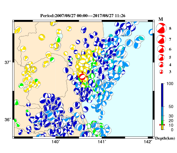 過去に起きた地震の初動発震機構解