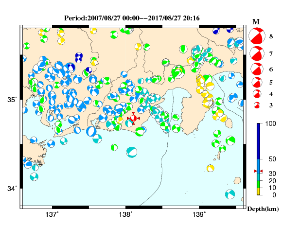 過去に起きた地震の初動発震機構解