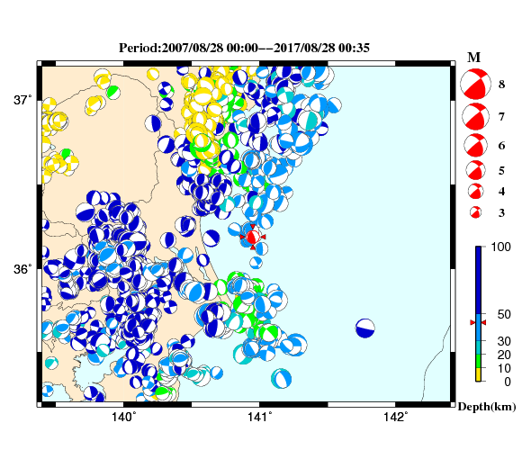 過去に起きた地震の初動発震機構解