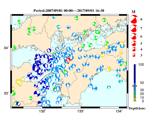 過去に起きた地震の初動発震機構解