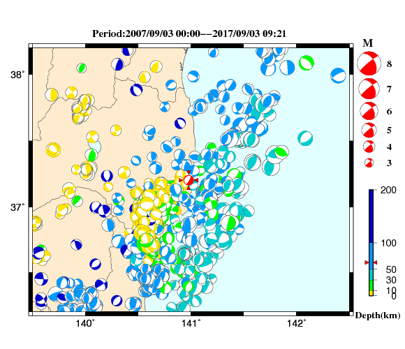 過去に起きた地震の初動発震機構解