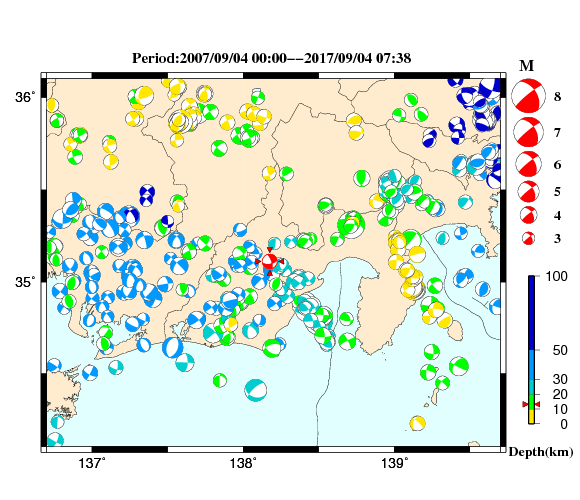 過去に起きた地震の初動発震機構解