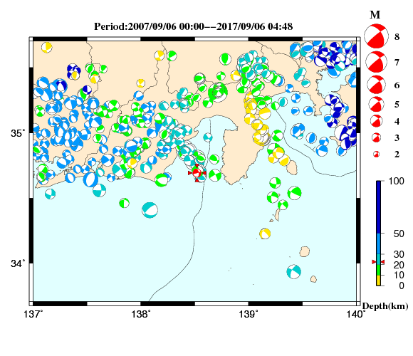 過去に起きた地震の初動発震機構解