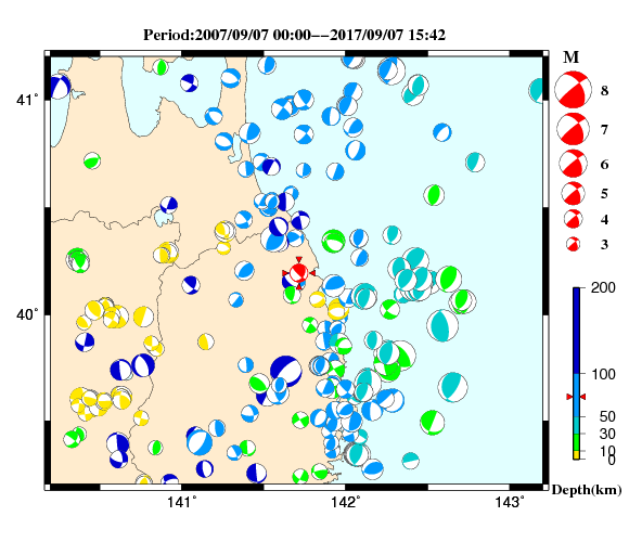 過去に起きた地震の初動発震機構解