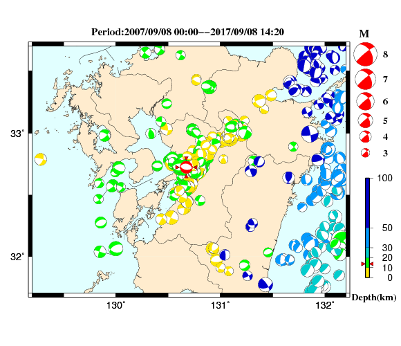 過去に起きた地震の初動発震機構解