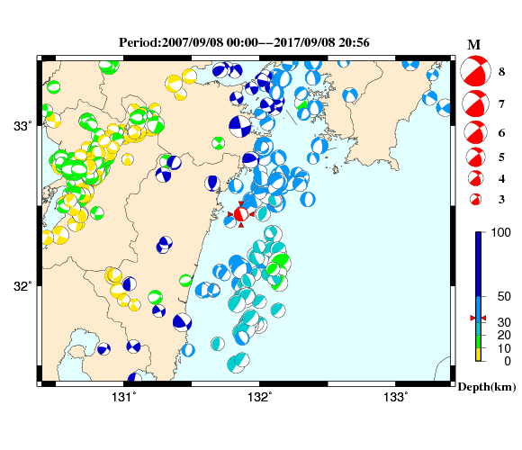 過去に起きた地震の初動発震機構解