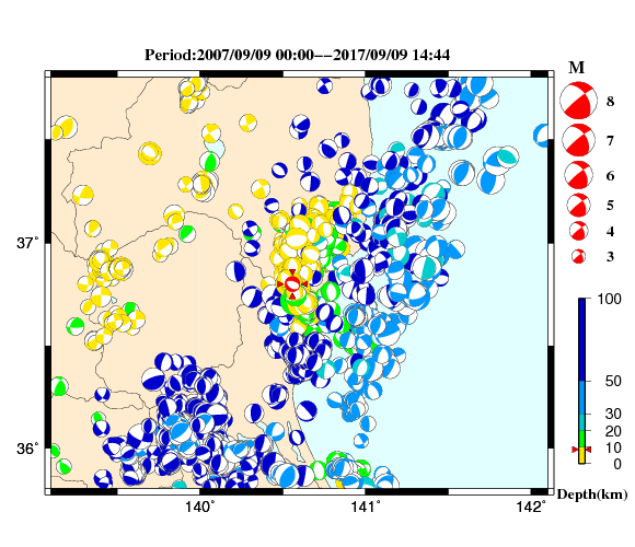 過去に起きた地震の初動発震機構解