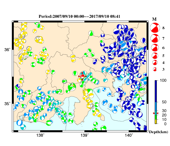 過去に起きた地震の初動発震機構解