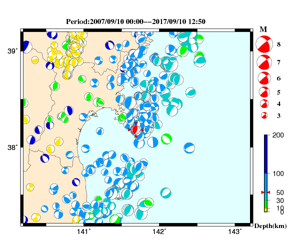 過去に起きた地震の初動発震機構解