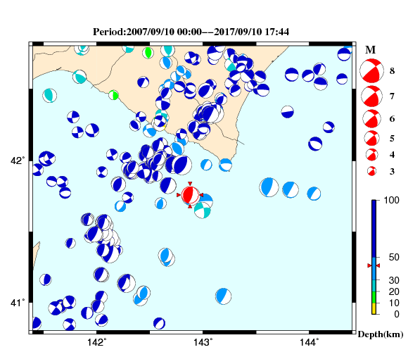過去に起きた地震の初動発震機構解