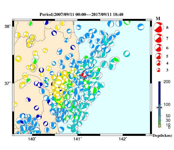 過去に起きた地震の初動発震機構解