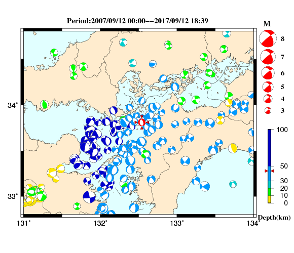 過去に起きた地震の初動発震機構解