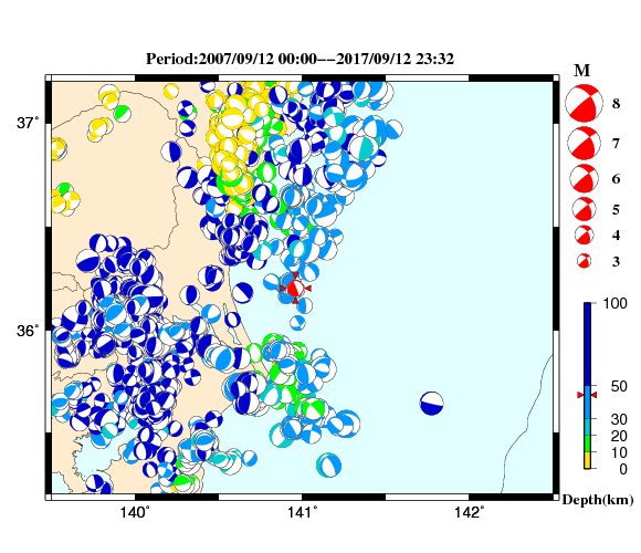 過去に起きた地震の初動発震機構解