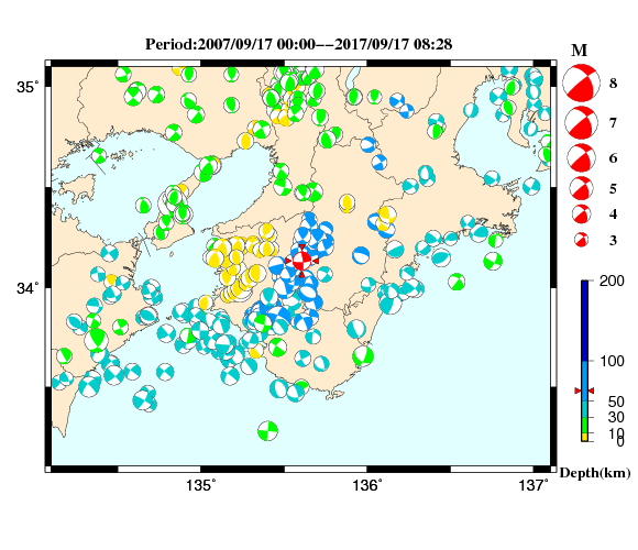 過去に起きた地震の初動発震機構解