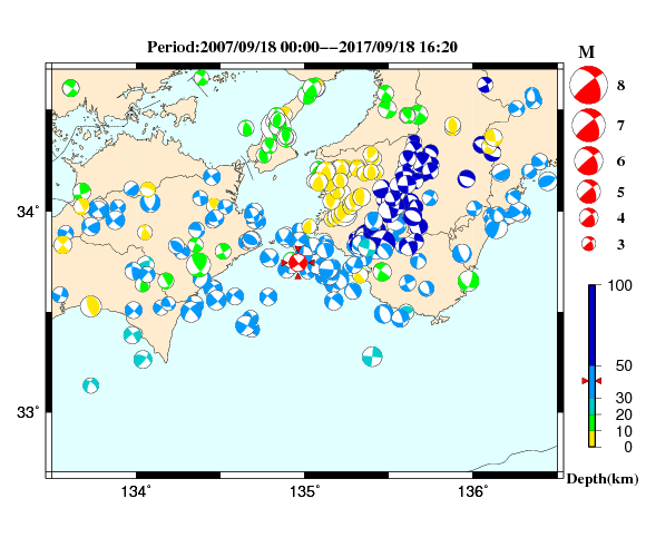 過去に起きた地震の初動発震機構解