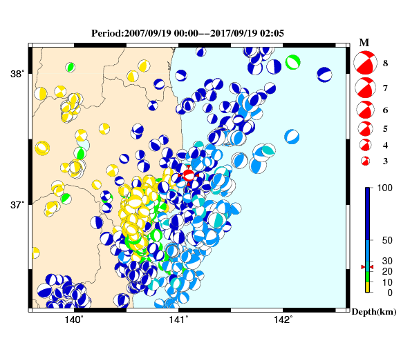 過去に起きた地震の初動発震機構解