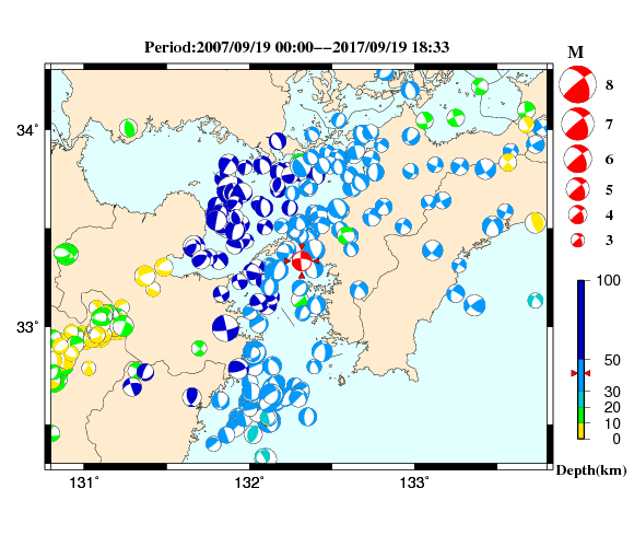 過去に起きた地震の初動発震機構解
