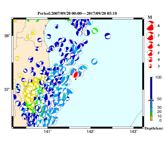 過去に起きた地震の初動発震機構解