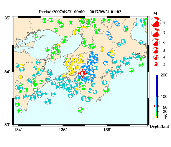 過去に起きた地震の初動発震機構解