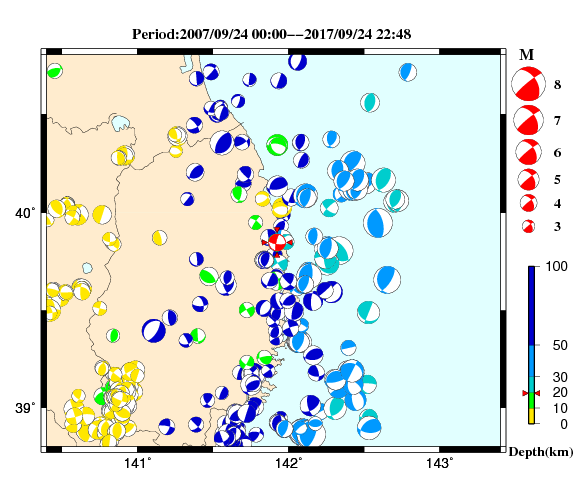 過去に起きた地震の初動発震機構解