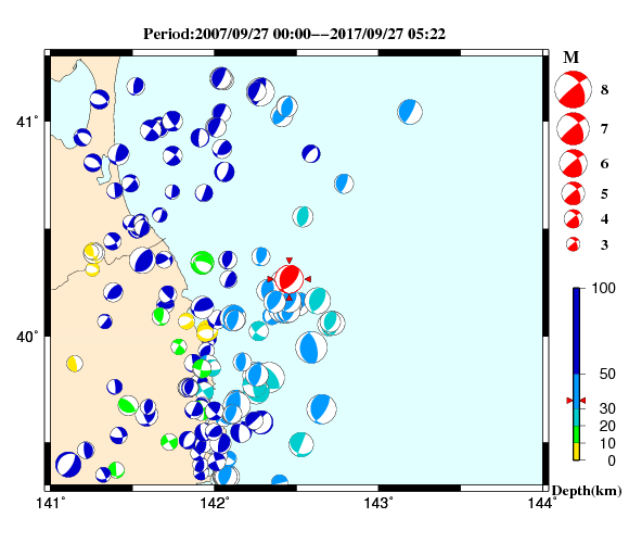過去に起きた地震の初動発震機構解