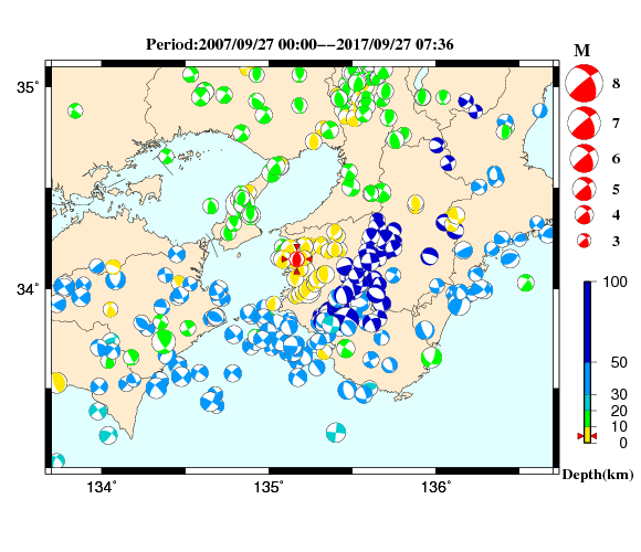過去に起きた地震の初動発震機構解