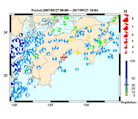 過去に起きた地震の初動発震機構解