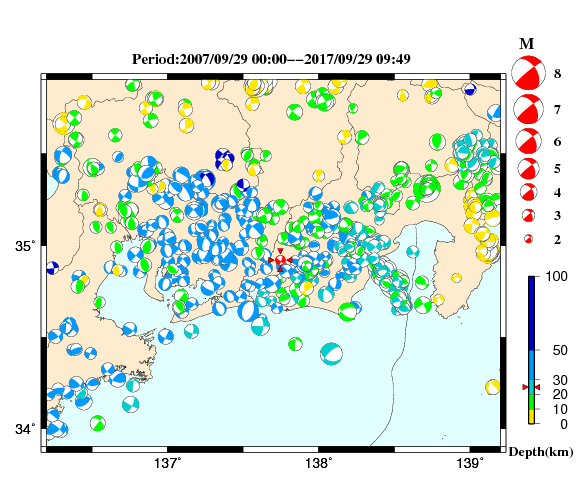 過去に起きた地震の初動発震機構解