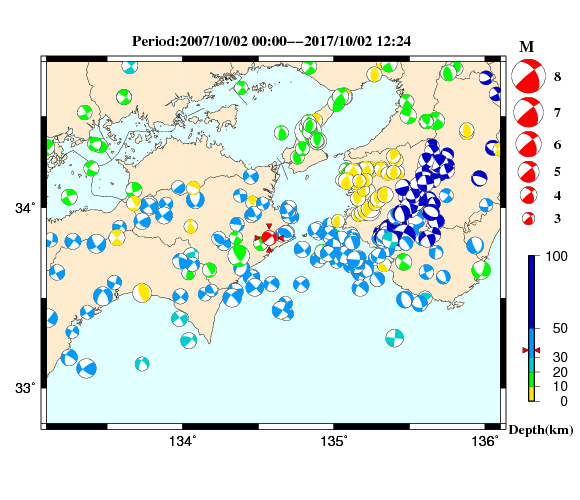 過去に起きた地震の初動発震機構解