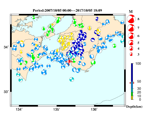 過去に起きた地震の初動発震機構解