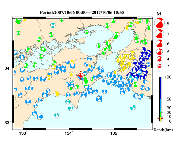 過去に起きた地震の初動発震機構解
