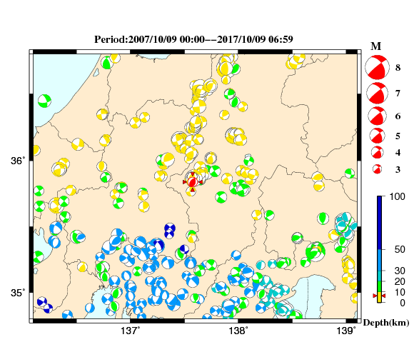 過去に起きた地震の初動発震機構解