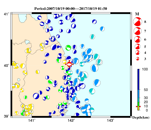 過去に起きた地震の初動発震機構解
