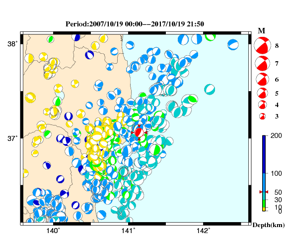 過去に起きた地震の初動発震機構解