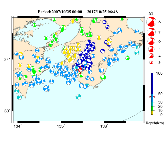 過去に起きた地震の初動発震機構解