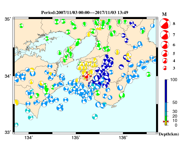 過去に起きた地震の初動発震機構解