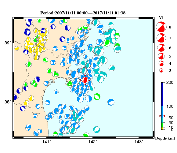 過去に起きた地震の初動発震機構解