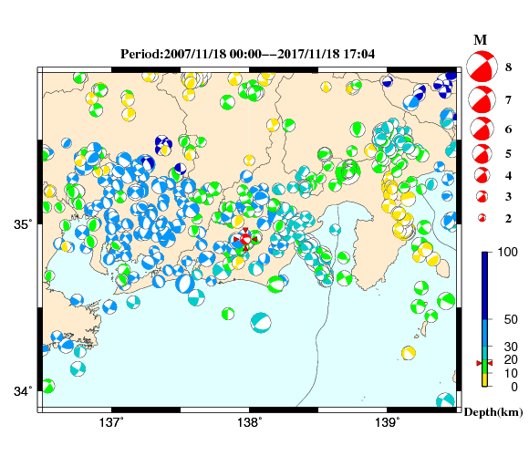 過去に起きた地震の初動発震機構解