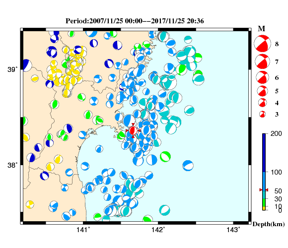 過去に起きた地震の初動発震機構解
