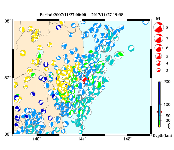 過去に起きた地震の初動発震機構解