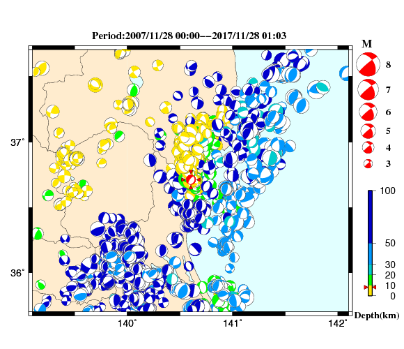 過去に起きた地震の初動発震機構解