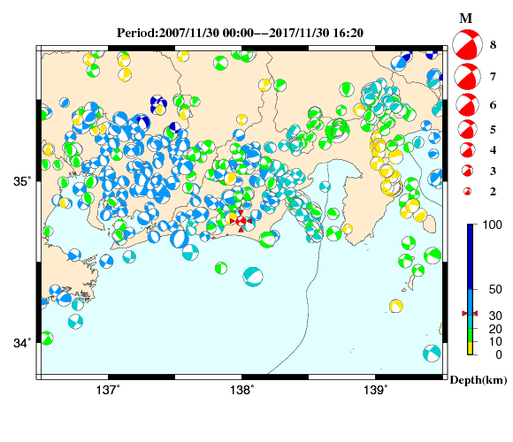 過去に起きた地震の初動発震機構解