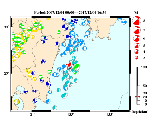 過去に起きた地震の初動発震機構解