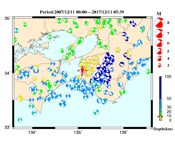 過去に起きた地震の初動発震機構解
