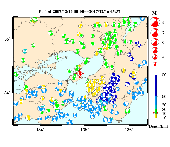 過去に起きた地震の初動発震機構解