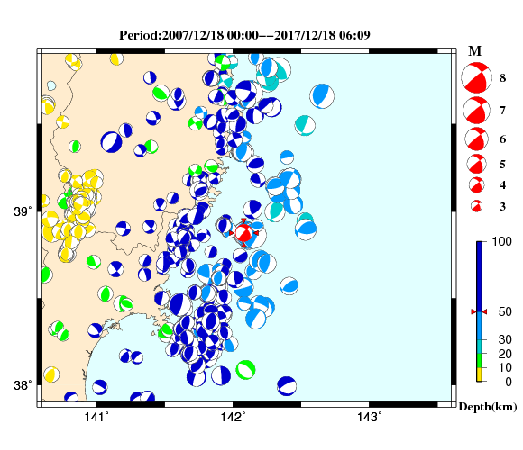 過去に起きた地震の初動発震機構解