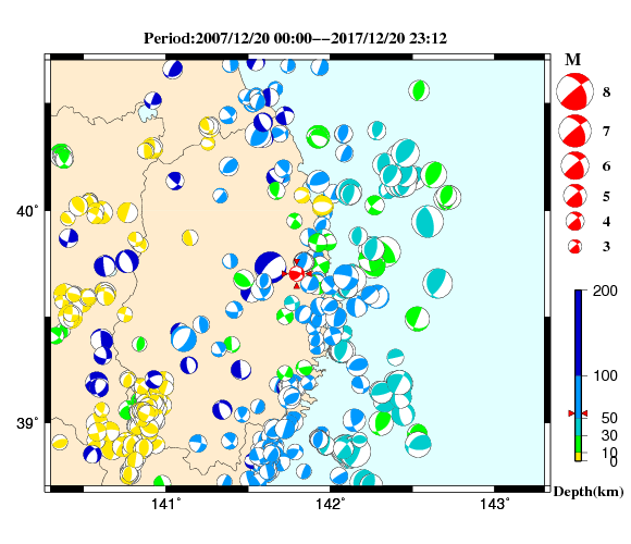 過去に起きた地震の初動発震機構解