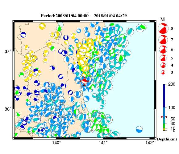 過去に起きた地震の初動発震機構解